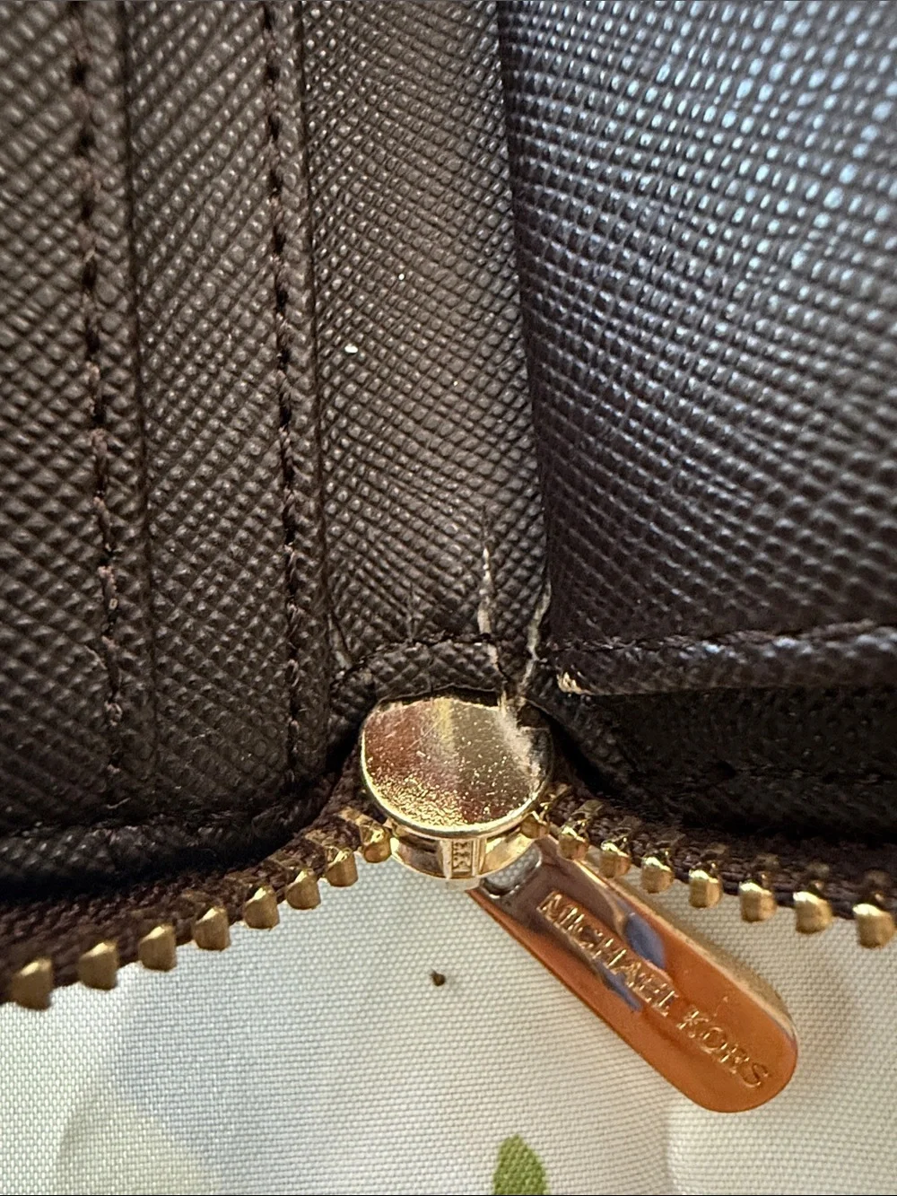 Michael Kors Dark Brown Coated Canvas Zip Card Holder with Gold Plate